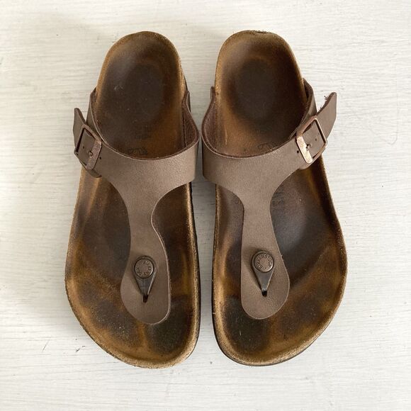 Birkenstock Thong Sandals Gizeh 36 US 5-5.5 Mocha Brown Leather Flip Flop Buckle - Picture 1 of 11